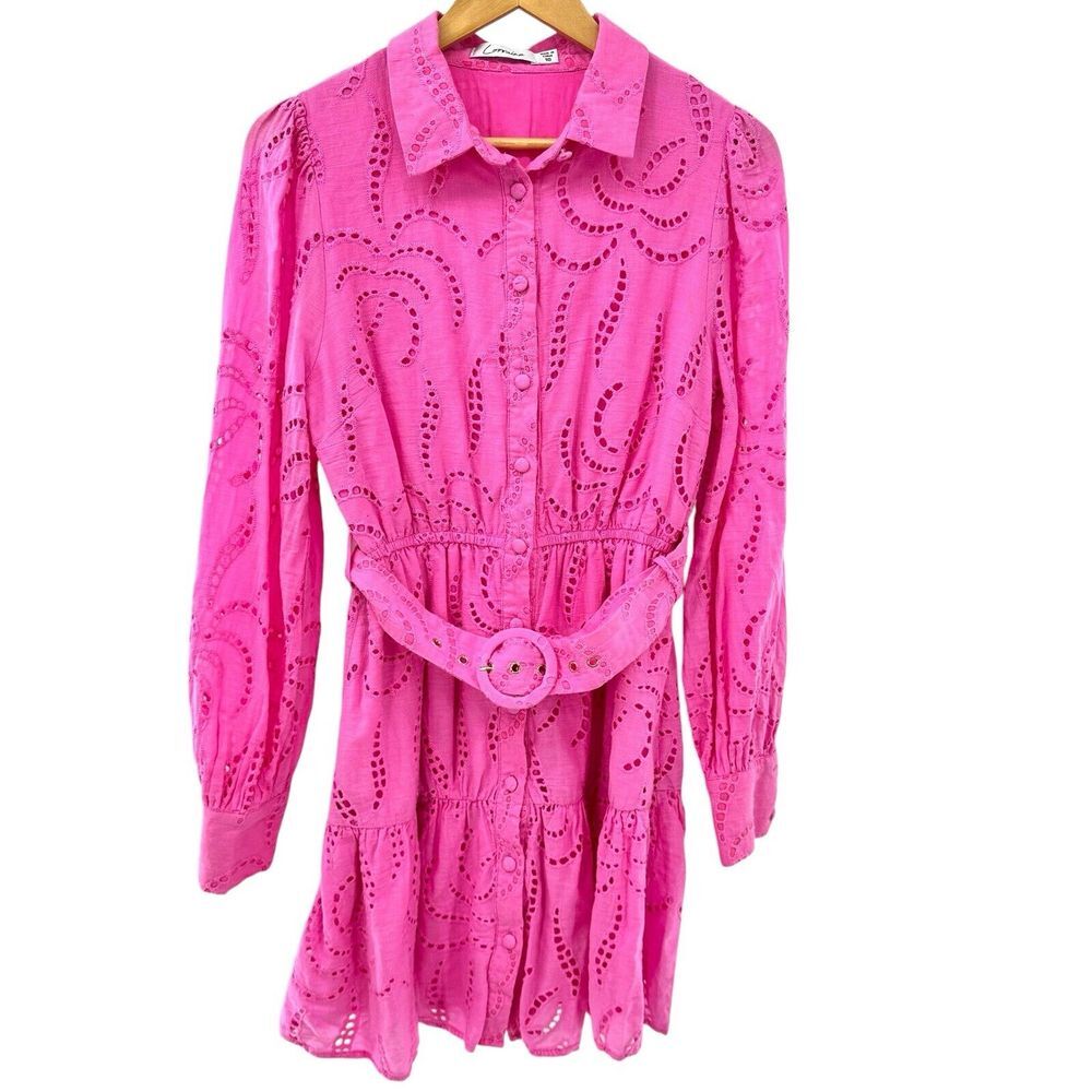Eyelet Button-Front Mini Dress with Belt in Hot Pink